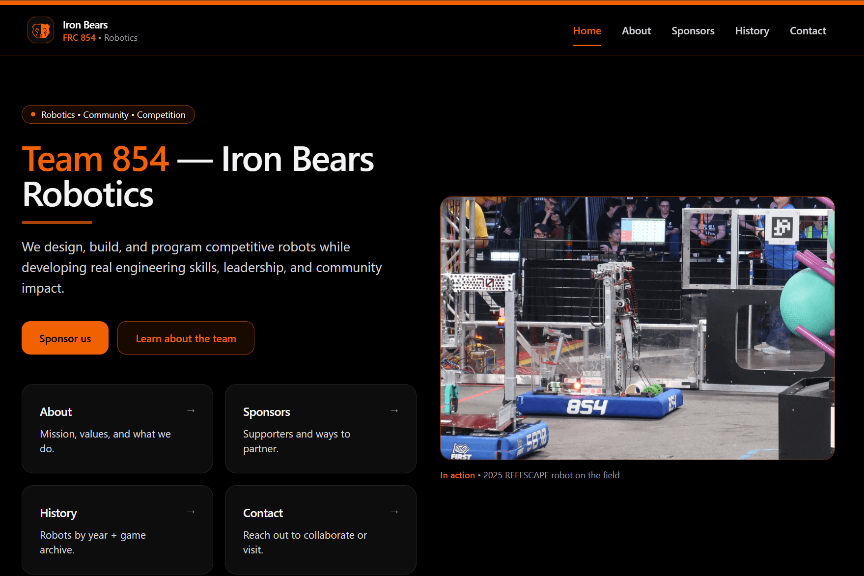 Screenshot of the Iron Bears Team 854 website home page