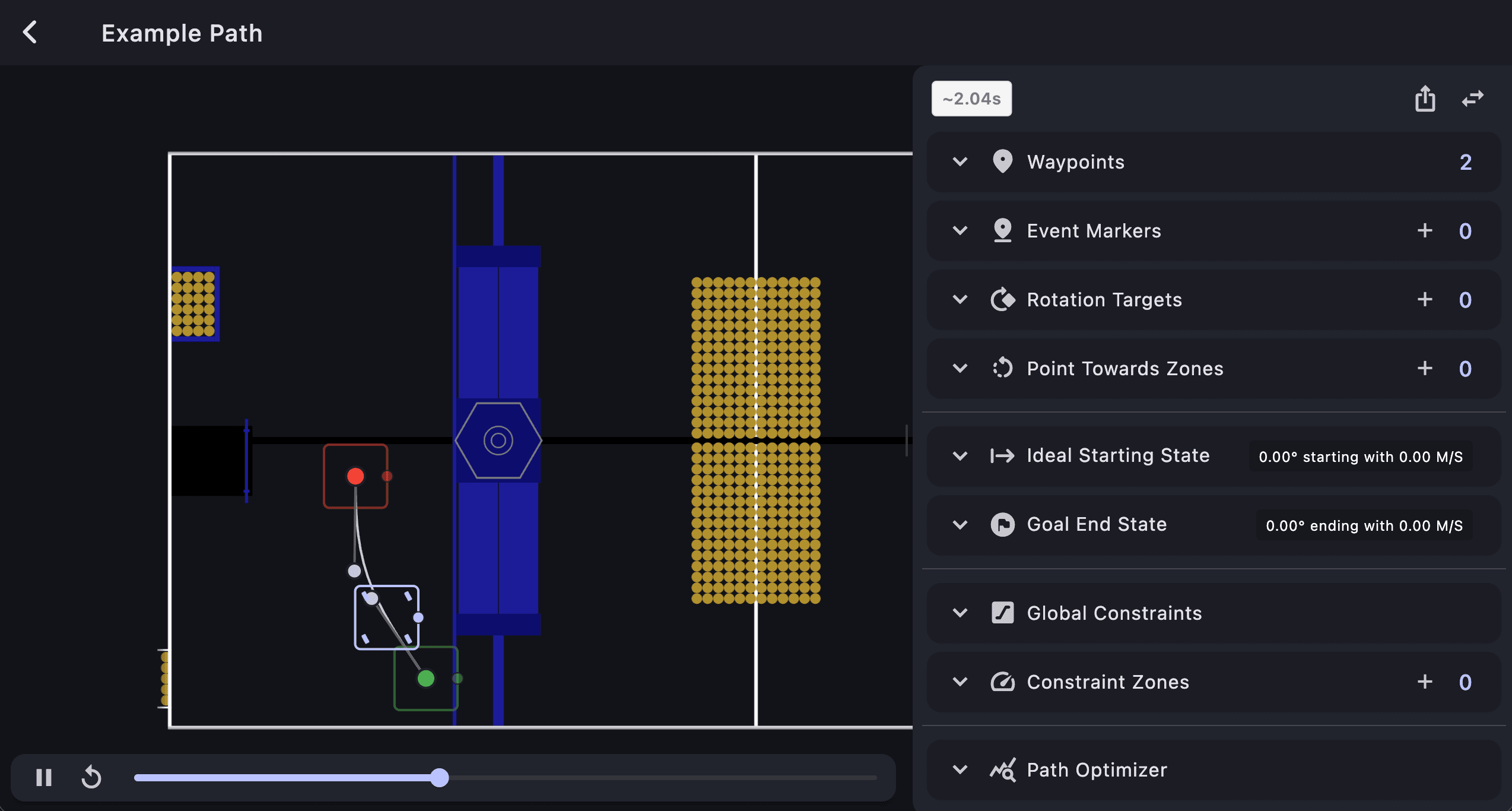 PathPlanner interface showing an example FRC autonomous path