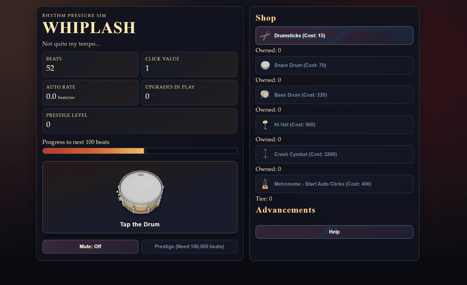 Screenshot of the Whiplash incremental game